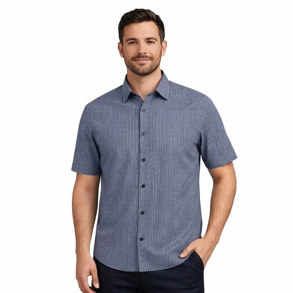 Alfini Mens Casual Short‎ Sleeve Shirt XXL Black & Gray Stripe